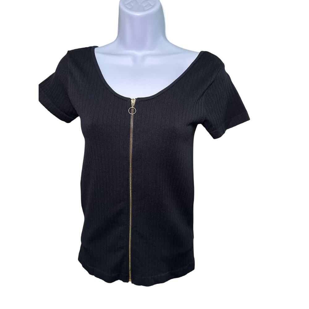 Bella seamless black ribbed sweater top zip up womens size medium